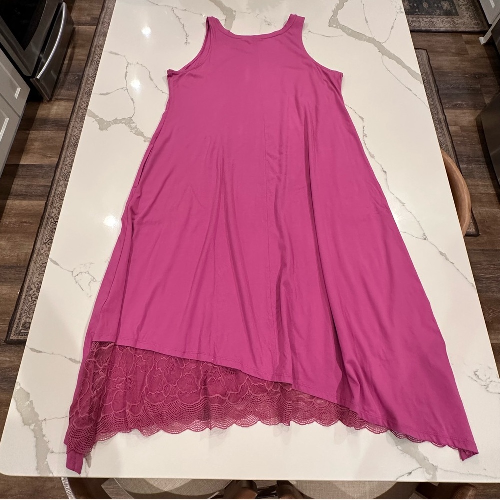LOGO Lori Goldstein Cotton Modal Knit Lace Midi Dress Sz M Pink Asymmetrical Hem